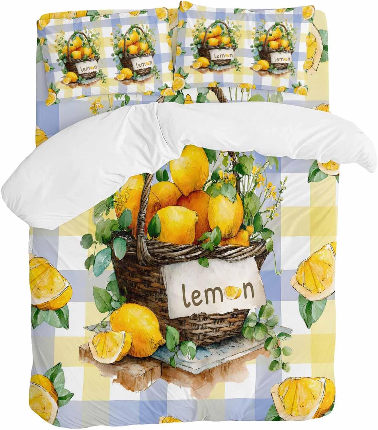 Summer Fruit Duvet Cover Set Queen Size 4 Pieces Watercolor Lemon Frame Letter Print Blue Yellow Plaid Bedding Set with Zipper Closure, 1 Comforter Cover 90x92 Inches 1 Flat Sheet & 2 Pillow Cases