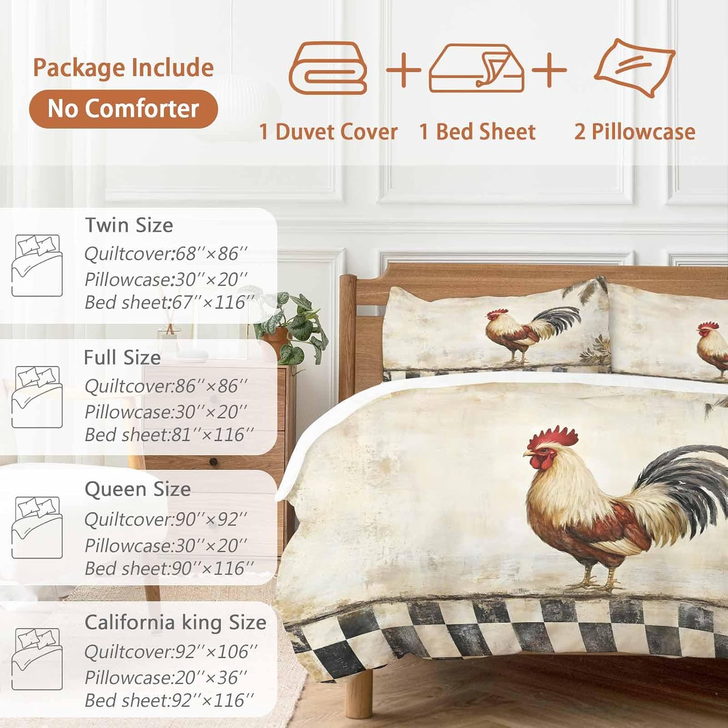 Rooster Chicken Duvet Cover Set Queen Size 4 Pieces Black Plaid Watercolor Vintage Texture Farm Bedding Set with Zipper Closure, 1 Comforter Cover 90x92 Inches 1 Flat Sheet & 2 Pillow Cases