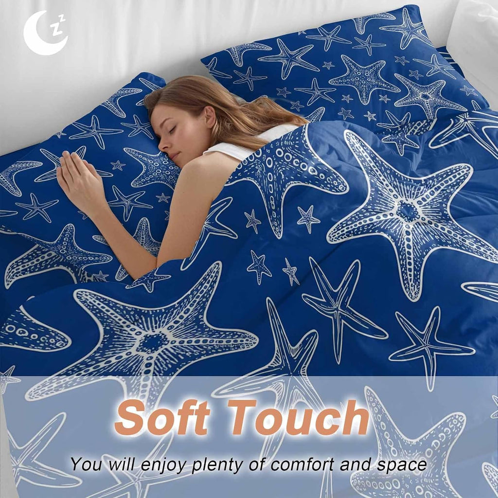 Summer Beach Blue Starfish Duvet Cover Set Queen Size 4 Pieces Modern Nautical Coastal Ocean Marine Life Bedding Set with Zipper Closure, 1 Comforter Cover 92x106 Inches 1 Flat Sheet & 2 Pillow Cases