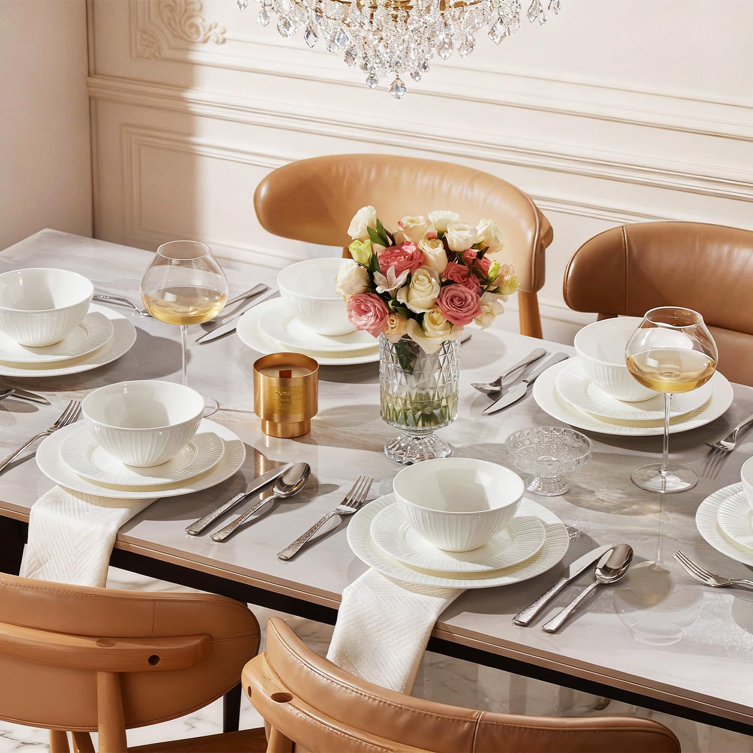 KINGSTONE Bone China Dinnerware Set, 18-Piece White Lightweight Porcelain with Textured Design Service for 6, Plates, Bowls, for Family Dining, Restaurants, Gifting，Microwave and Dishwasher Safe