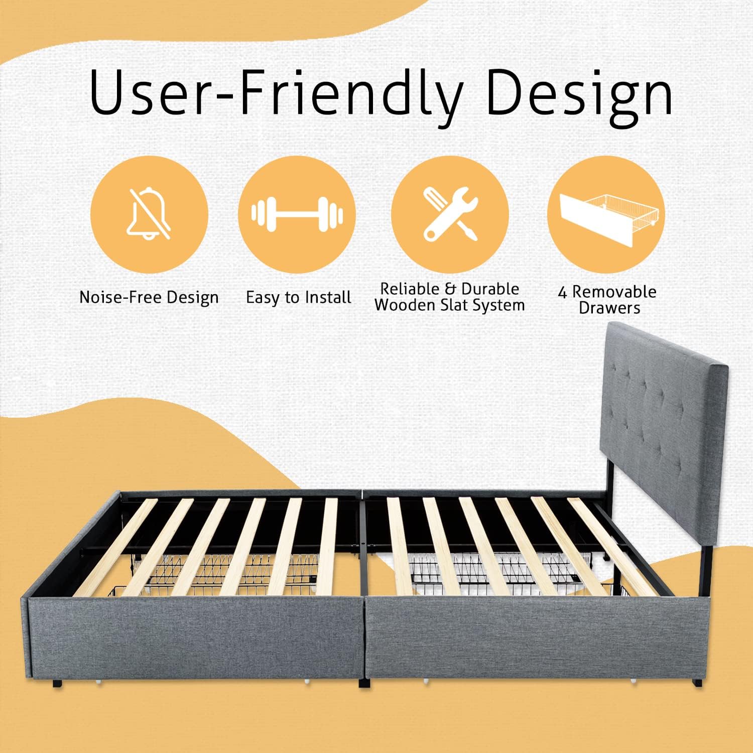 SHA CERLIN Upholstered Full Size Platform Bed Frame with 4 Storage Drawers, Adjustable Headboard with Square Stitched Button Tufted Design, Wooden Slat Support, No Box Spring Needed, Light Grey