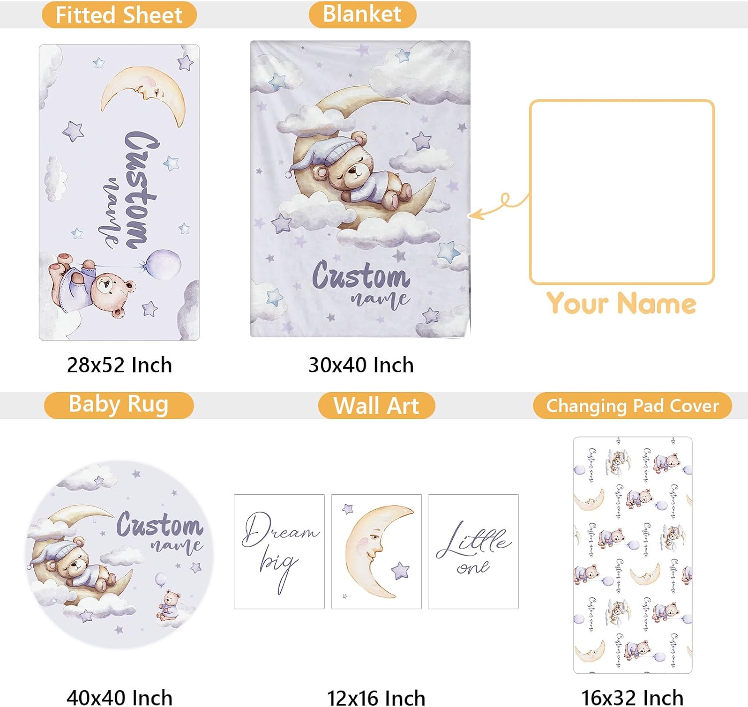Terwex Personalized Crib Bedding Set, 5 Pcs Custom Nursery Bedding Sets with Name, Purple Bear Infant Bedding Set for Baby Girl Boy, Double Layer Baby Crib Set, Babies Toddlers Kids Customized Gifts