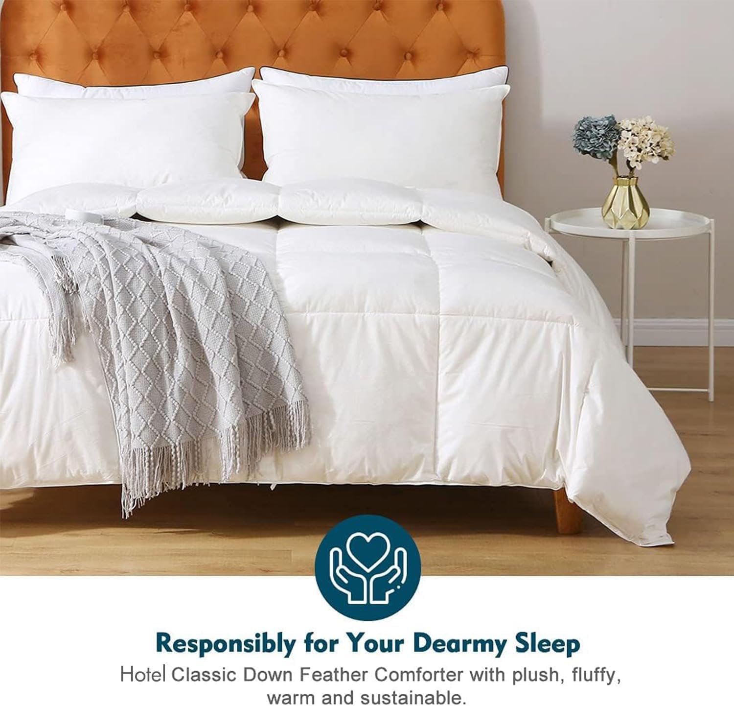 Feathers Down Comforter Oversized King - 100% Organic Cotton Quilted Medium Warm All Seasons Duvet Insert or Stand-Alone Comforter (120x98, Ivory White)