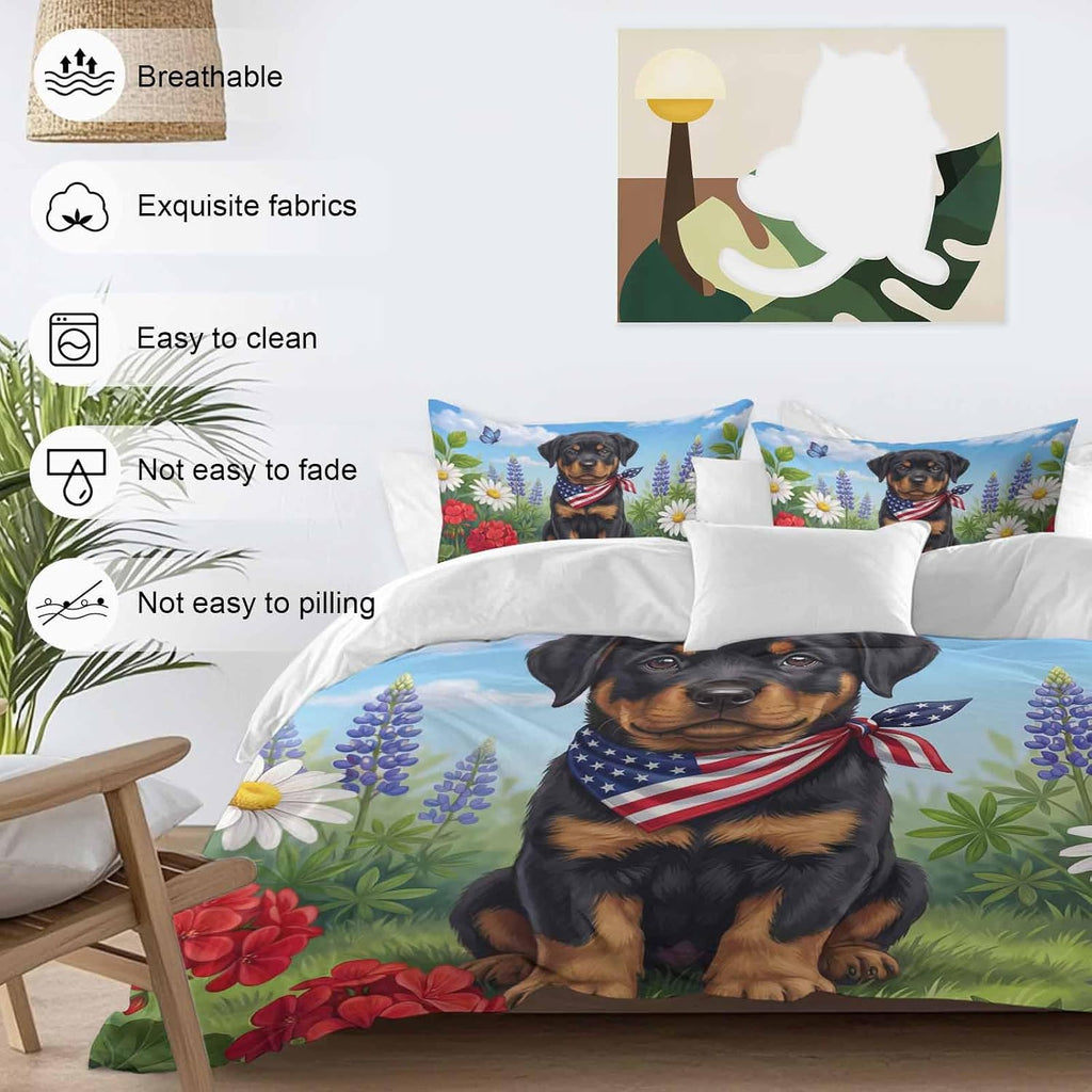 Independence Day Duvet Cover Set Queen Size 4 Pieces Watercolor U. S. Flag Cute Rottweiler Butterfly Bedding Set with Zipper Closure, 1 Comforter Cover 90x92 Inches 1 Flat Sheet & 2 Pillow Cases