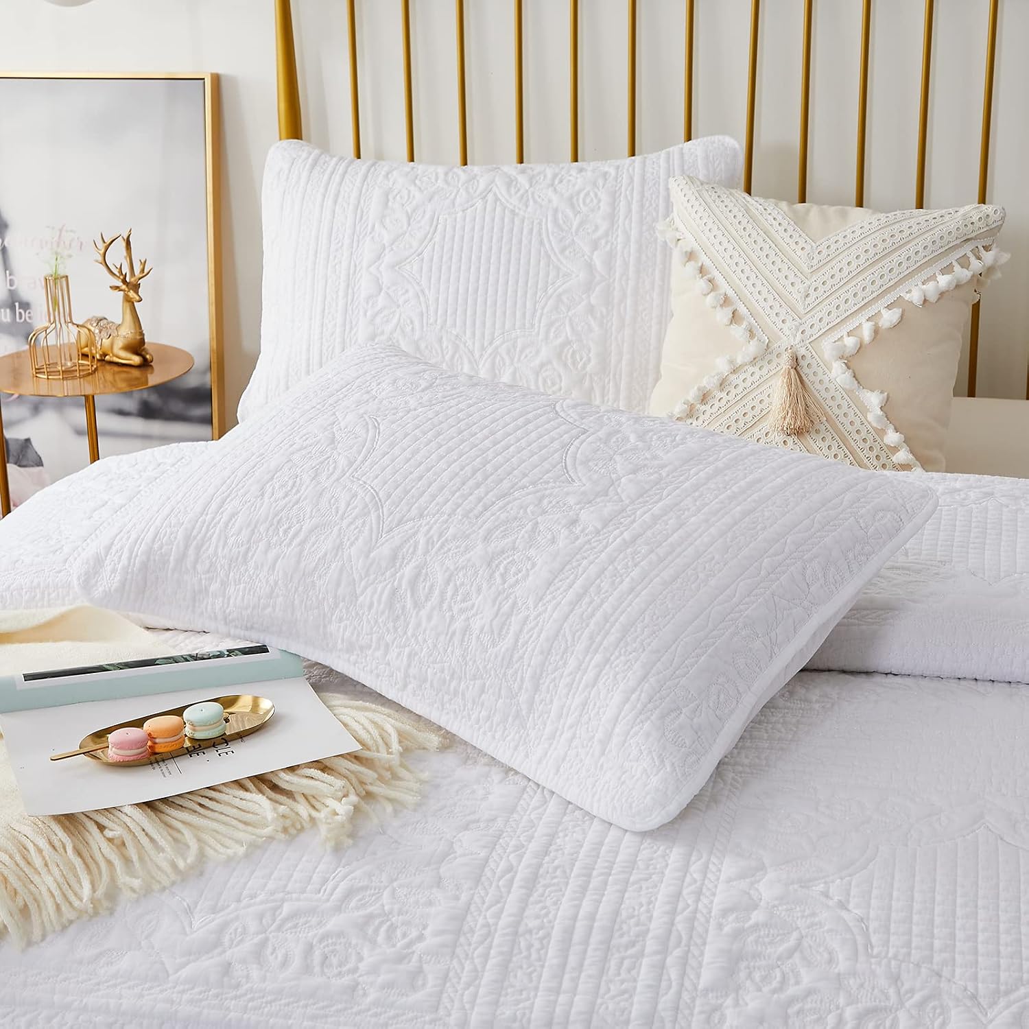 Brandream White Quilt King Size Cotton Matelasse Coverlet Set Farmhouse Quilts 3-Piece