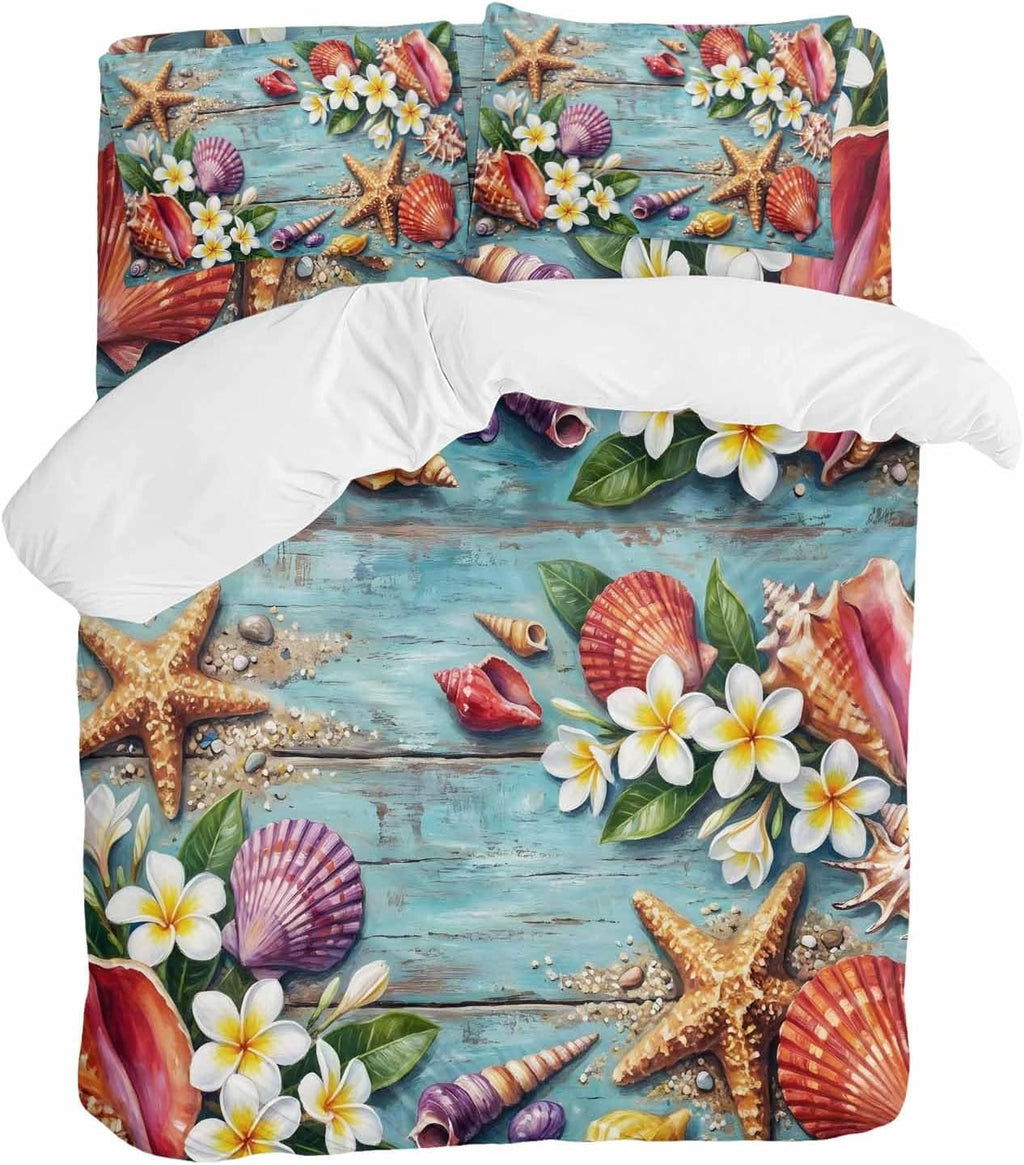 Ocean Beach Duvet Cover Set Queen Size 4 Pieces Summer Starfish Shell Flowers Leaf Blue Wooden Bedding Set with Zipper Closure, 1 Comforter Cover 86x86 Inches 1 Flat Sheet & 2 Pillow Cases
