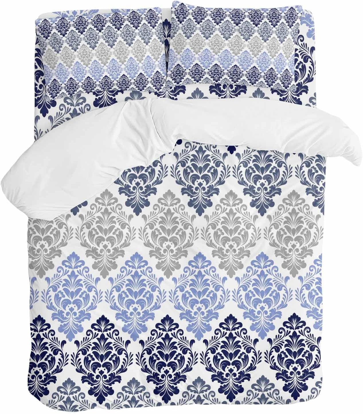 Prime Leader Vintage Floral Duvet Cover Set Queen Size 4 Pieces Blue Gray Flower Pattern Country Gradient Bedding Set with Zipper Closure, 1 Comforter Cover 90x92 Inches 1 Flat Sheet & 2 Pillow Cases