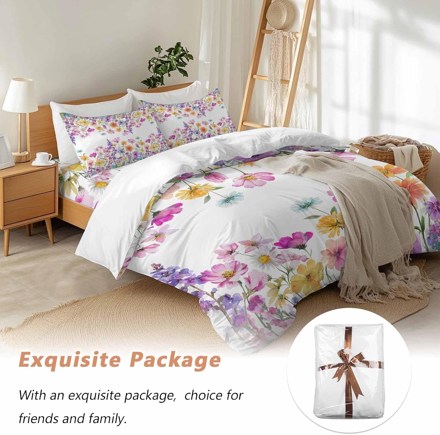 Spring Floral Duvet Cover Set Queen Size 4 Pieces Romantic Colorful Flowers Watercolor Country Leaf Bedding Set with Zipper Closure, 1 Comforter Cover 86x86 Inches 1 Flat Sheet & 2 Pillow Cases