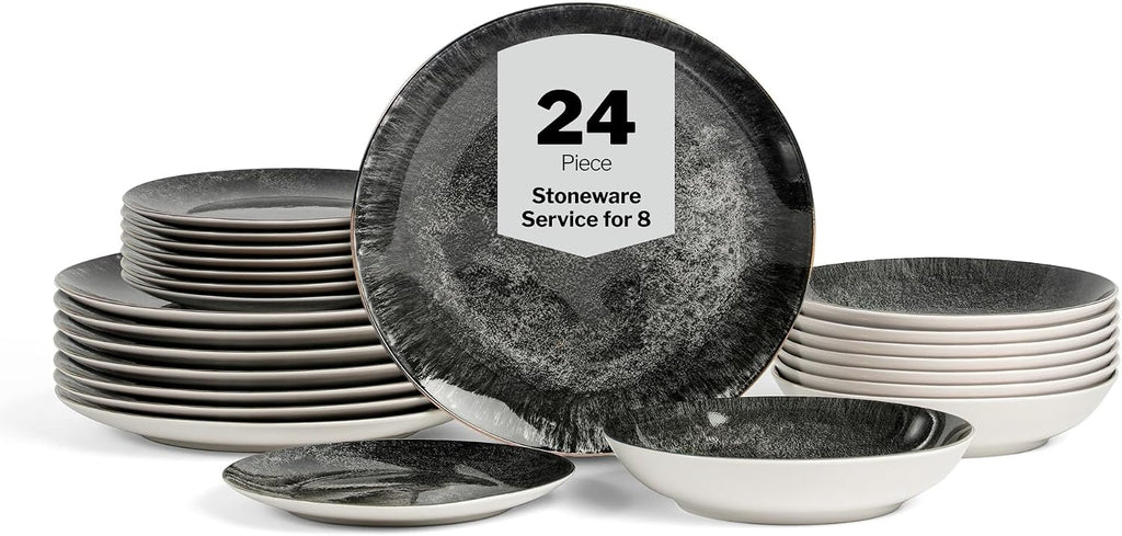 Christian Siriano Onyx 24-Piece Dinnerware Set Porcelain, Plates and Bowls Set, Hand Wash Dish, Dish Set for 8, Black and Gold