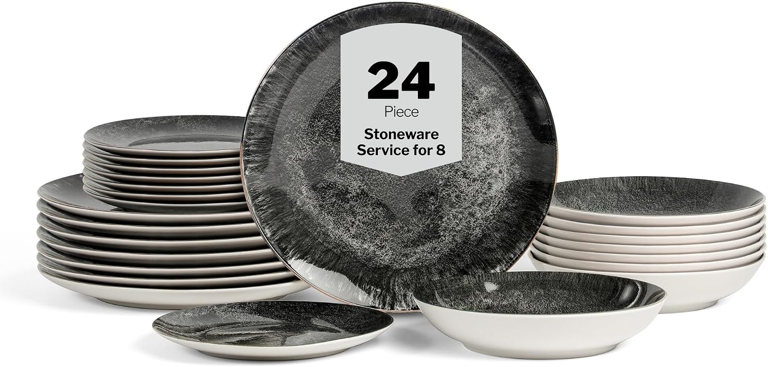 Christian Siriano Onyx 24-Piece Dinnerware Set Porcelain, Plates and Bowls Set, Hand Wash Dish, Dish Set for 8, Black and Gold