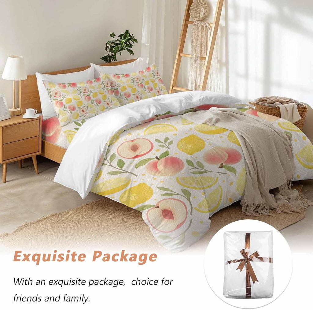 Prime Leader Fruit Leaves Duvet Cover Set Queen Size 4 Pieces Pink Peaches Yellow Lemons Vintage Linen Bedding Set with Zipper Closure, 1 Comforter Cover 90x92 Inches 1 Flat Sheet & 2 Pillow Cases