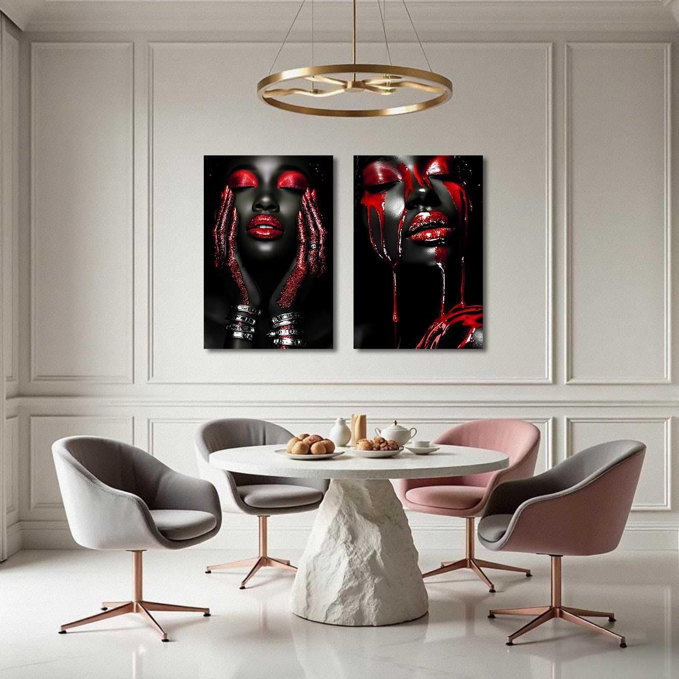 BJYCHG 2Pcs African American Canvas Wall Art Abstract Black Woman Face Painting Prints Fashion Black Female Portrait Poster Pictures Modern Girl Bedroom Room Decor (Red, (24x36inx2 Pieces))