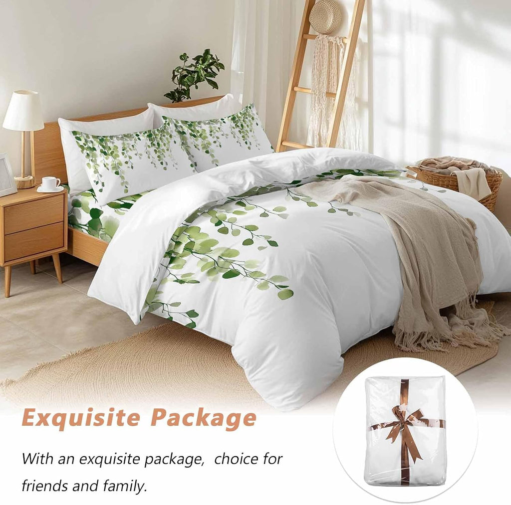 Spring Duvet Cover Set Queen Size 4 Pieces Watercolor Green Eucalyptus Leaves Botanical Plant Bedding Set with Zipper Closure, 1 Comforter Cover 92x106 Inches 1 Flat Sheet & 2 Pillow Cases