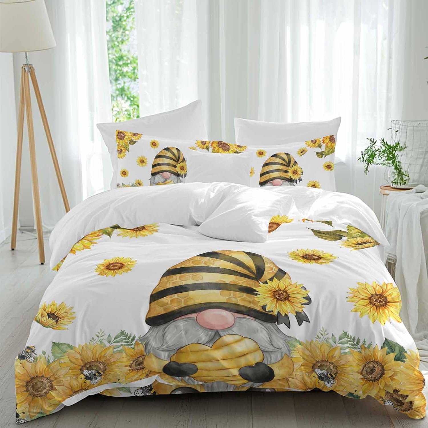 Summer Floral Duvet Cover Set Queen Size 4 Pieces Watercolor Sunflower Cartoon Gnome Farm Bee Bedding Set with Zipper Closure, 1 Comforter Cover 86x86 Inches 1 Flat Sheet & 2 Pillow Cases