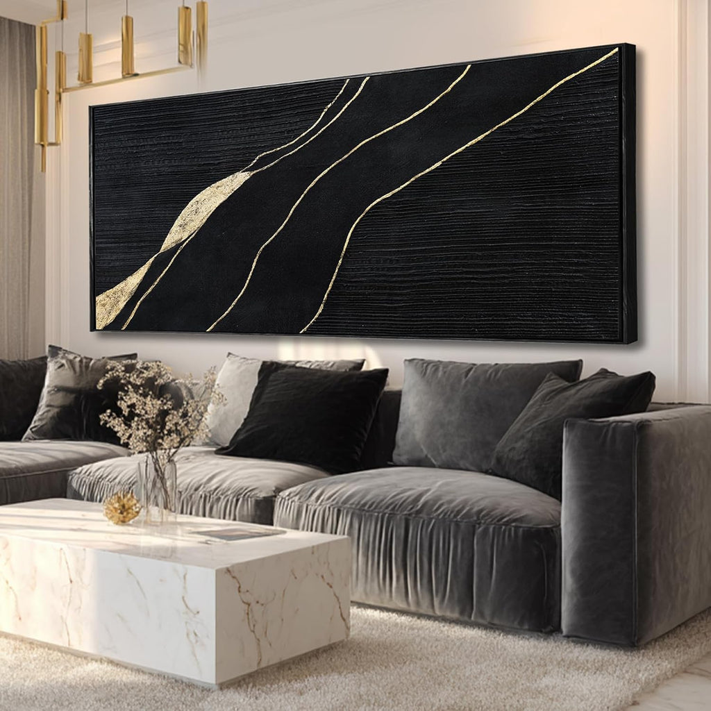 Green Hand-painted Abstract Canvas Wall Art, 32x70 Inch Black Framed Horizontal Artwork with Layered Green Tones for Living Room Decor