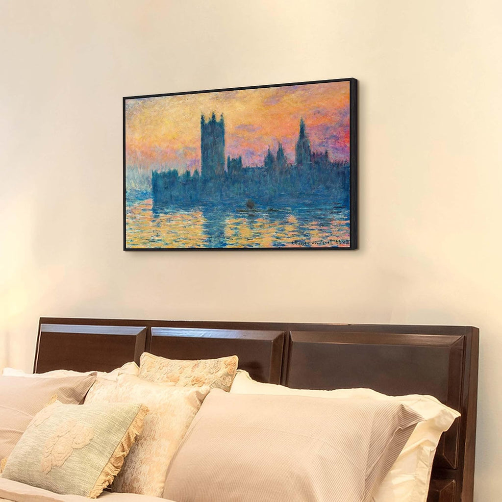 Framed Lake Canvas Wall Art: Claude Monet Sunset The Houses of Parliament Painting Picture Textured Abstract Building Print Decor Bedroom Living Room Artwork