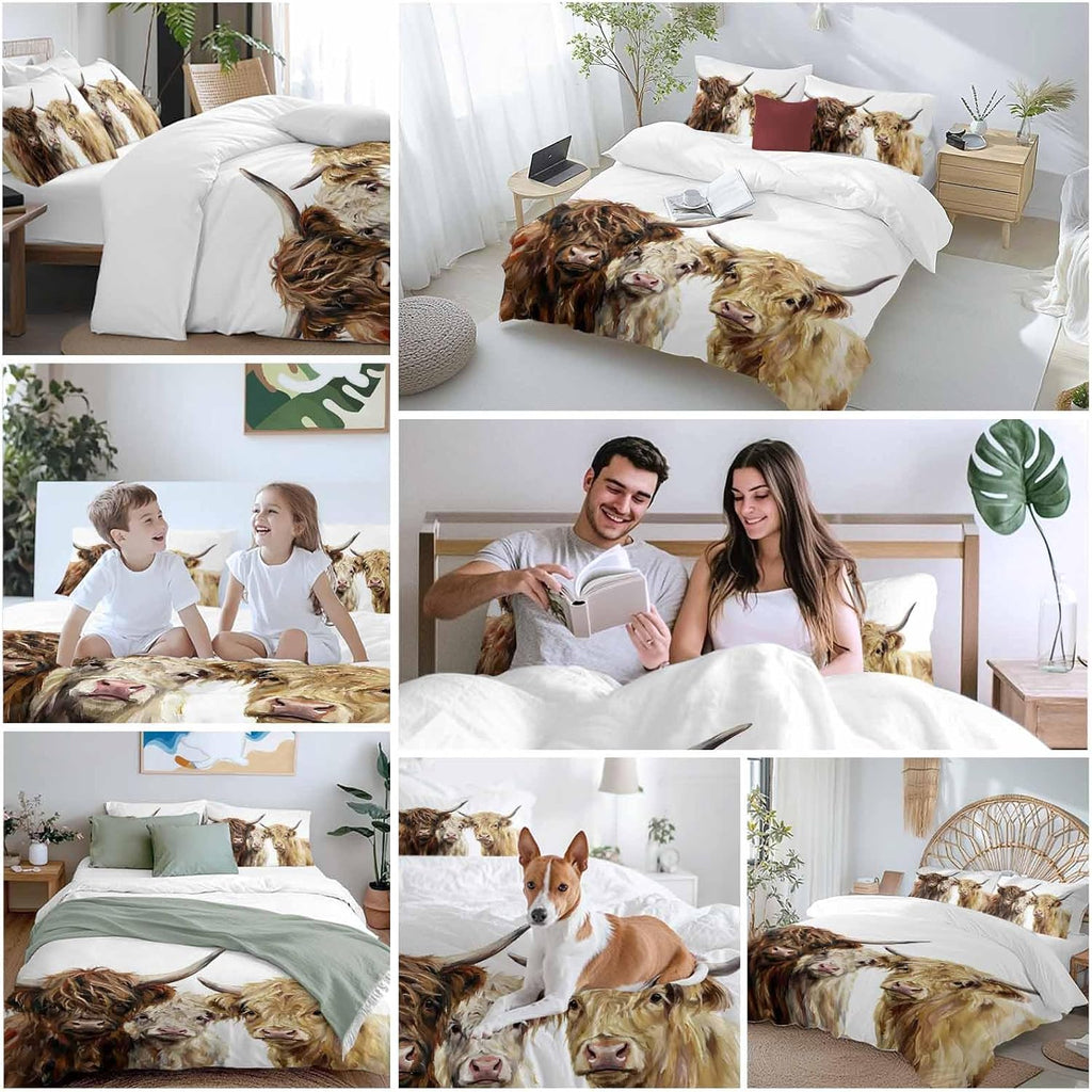 Prime Leader Farm Highland Cattles Duvet Cover Set Queen Size 4 Pieces Farmhouse Brown Cow Rustic Country Bedding Set with Zipper Closure, 1 Comforter Cover 86x86 Inches 1 Flat Sheet & 2 Pillow Cases
