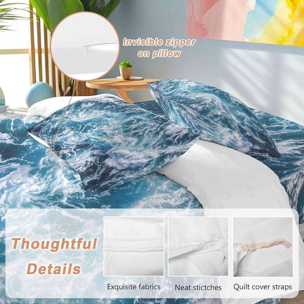 Dark Blue Ocean Scenery Duvet Cover Set Queen Size 4 Pieces Ombre Sea Waves Natural Modern Art Bedding Set with Zipper Closure, 1 Comforter Cover 86x86 Inches 1 Flat Sheet & 2 Pillow Cases