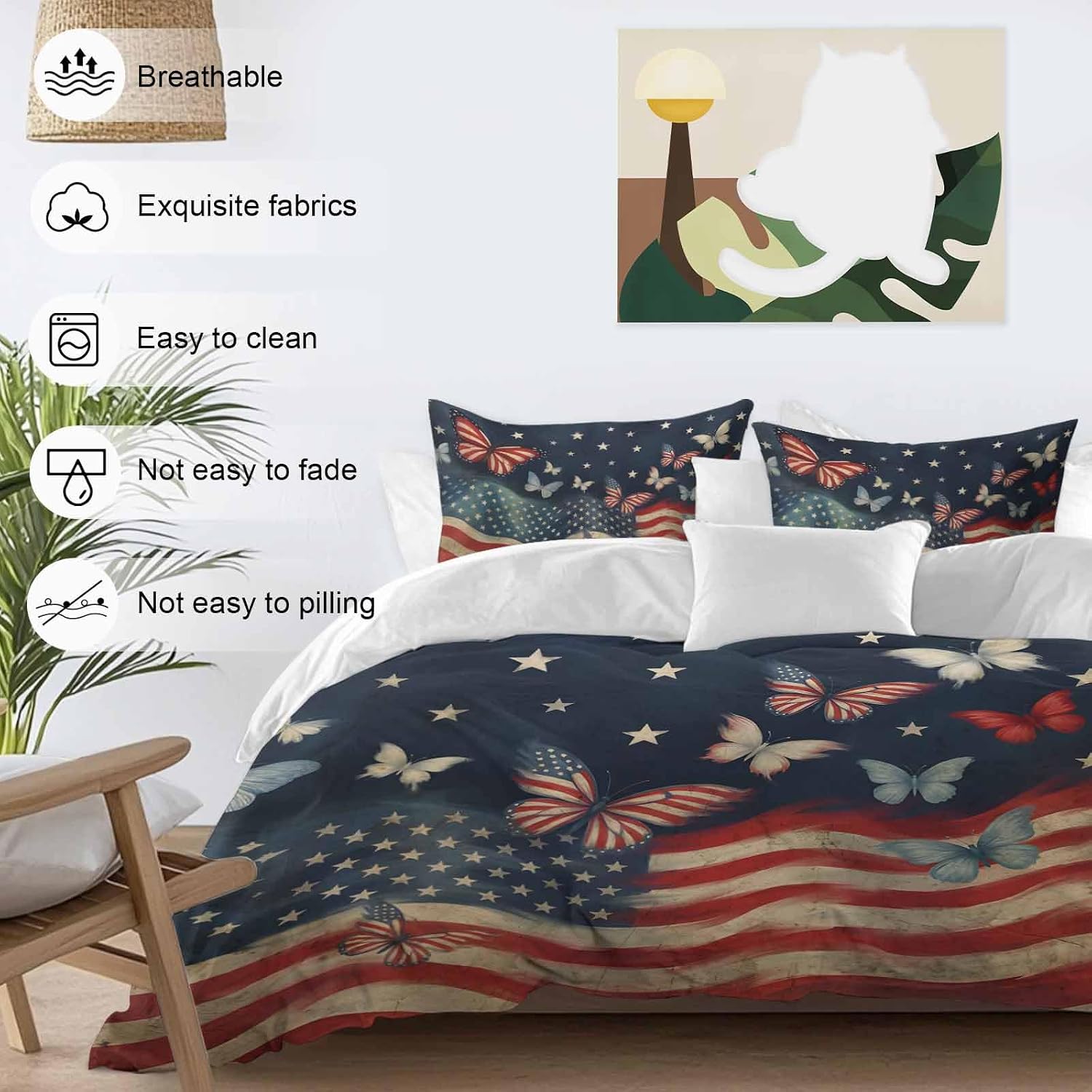 4th of July Duvet Cover Set Queen Size 4 Pieces Independence Day Patriotic Butterfly American Flag Bedding Set with Zipper Closure, 1 Comforter Cover 86x86 Inches 1 Flat Sheet & 2 Pillow Cases