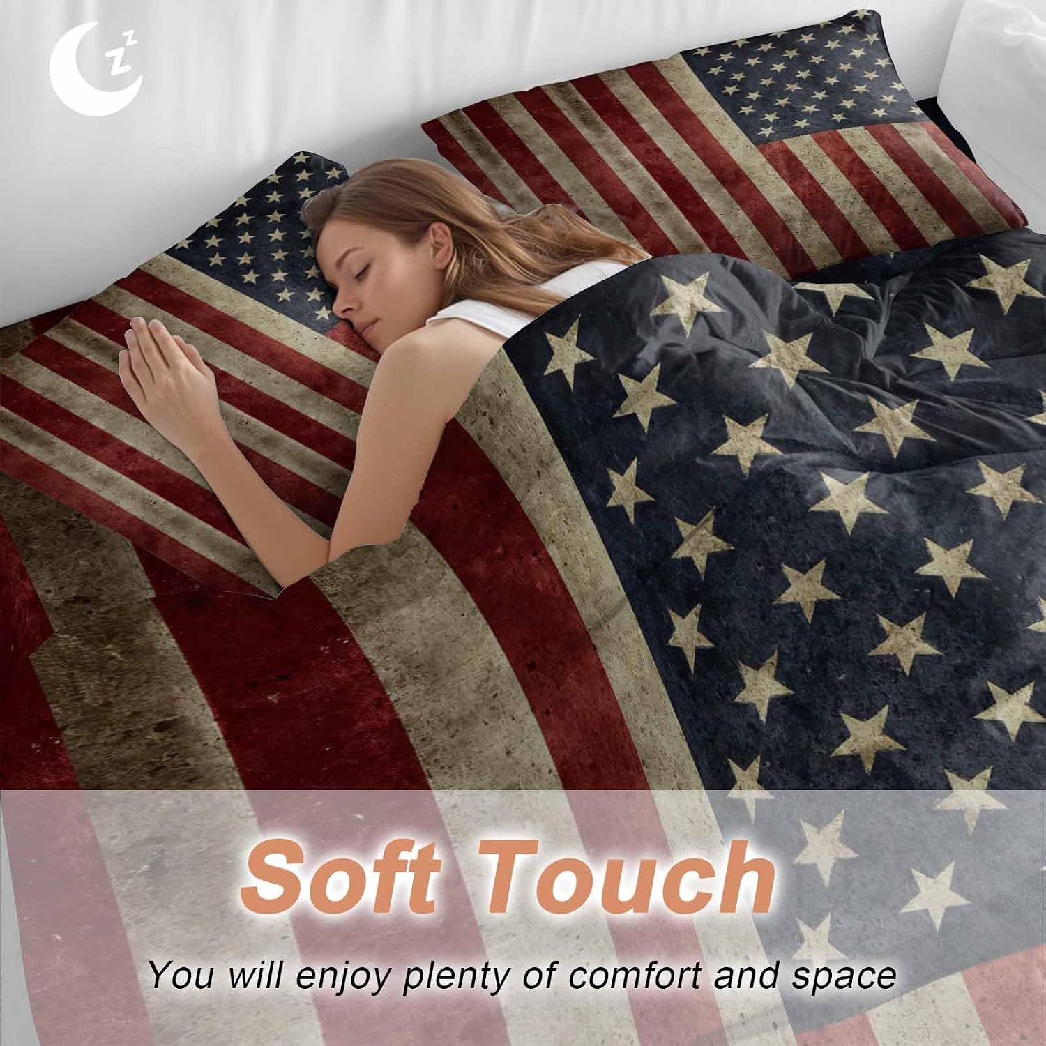 Vintage U.S. Flag Duvet Cover Set Queen Size 4 Pieces Red White Striped Star Independence Day Bedding Set with Zipper Closure, 1 Comforter Cover 86x86 Inches 1 Flat Sheet & 2 Pillow Cases