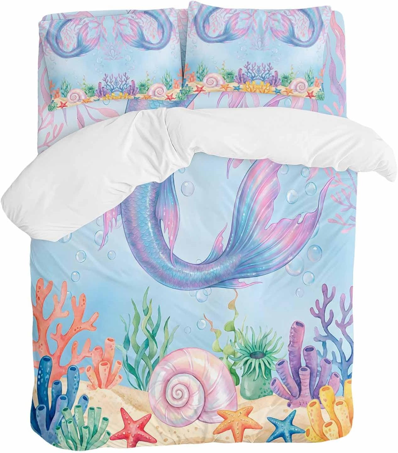 Ocean Marine Life Duvet Cover Set Queen Size 4 Pieces Watercolor Fish Tails Starfish Sea Nut Seagrass Bedding Set with Zipper Closure, 1 Comforter Cover 90x92 Inches 1 Flat Sheet & 2 Pillow Cases