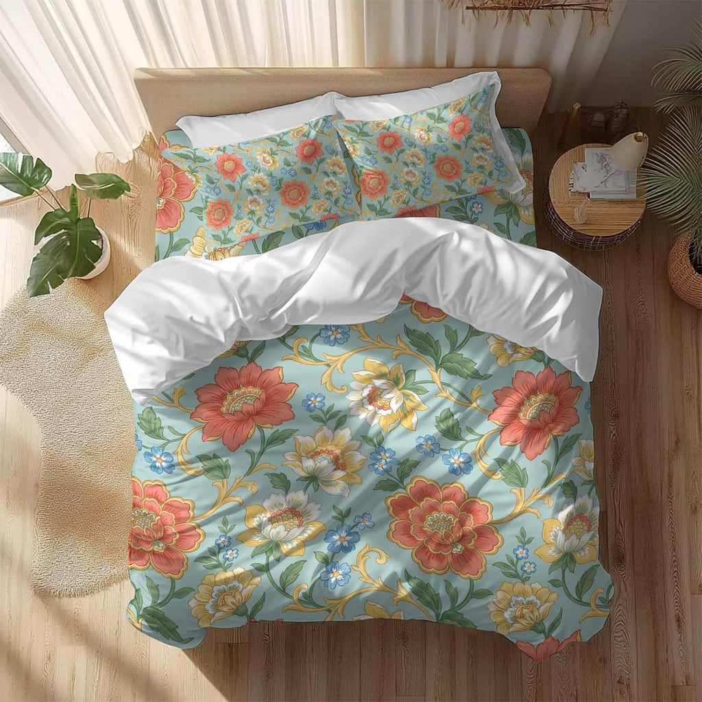Embroidery Floral Duvet Cover Set Queen Size 4 Pieces Country Oriental Traditional Flower Red Teal Bedding Set with Zipper Closure, 1 Comforter Cover 92x106 Inches 1 Flat Sheet & 2 Pillow Cases