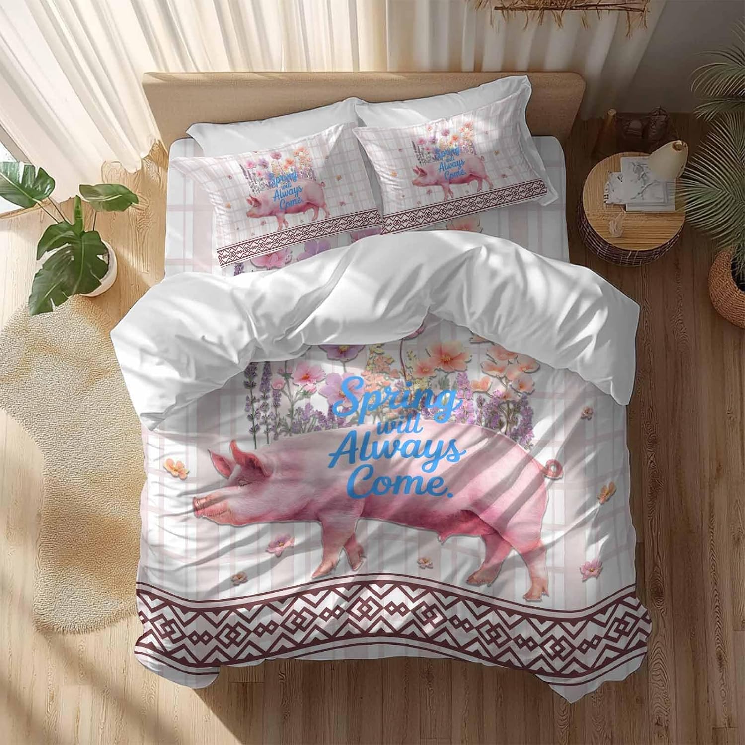 Spring Will Always Come Duvet Cover Set Queen Size 4 Pieces Funny Pig Rustic Wildflower Pink Stripes Bedding Set with Zipper Closure, 1 Comforter Cover 92x106 Inches 1 Flat Sheet & 2 Pillow Cases