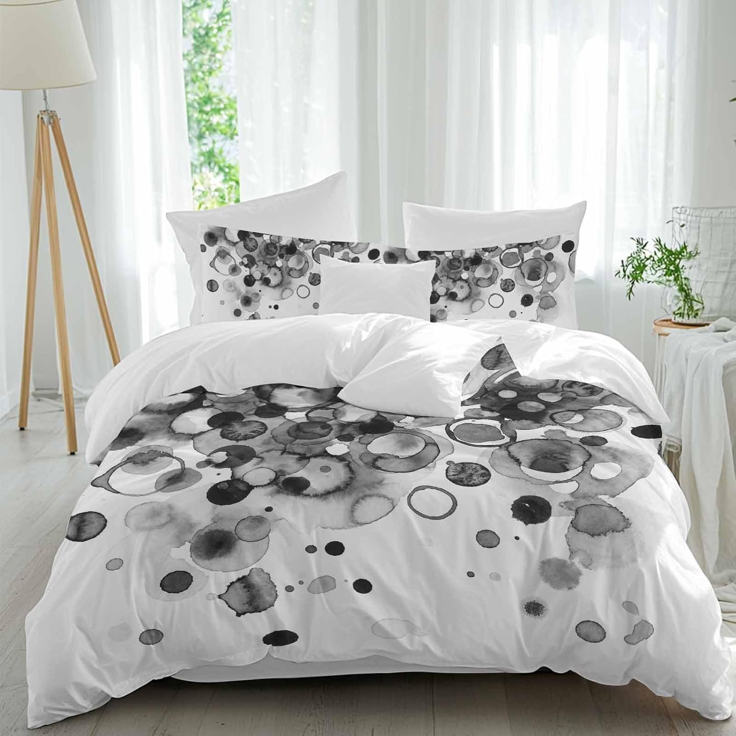 Abstract Duvet Cover Set Queen Size 4 Pieces Black Gradient Watercolors Ink Points Minimalist Bedding Set with Zipper Closure, 1 Comforter Cover 92x106 Inches 1 Flat Sheet & 2 Pillow Cases