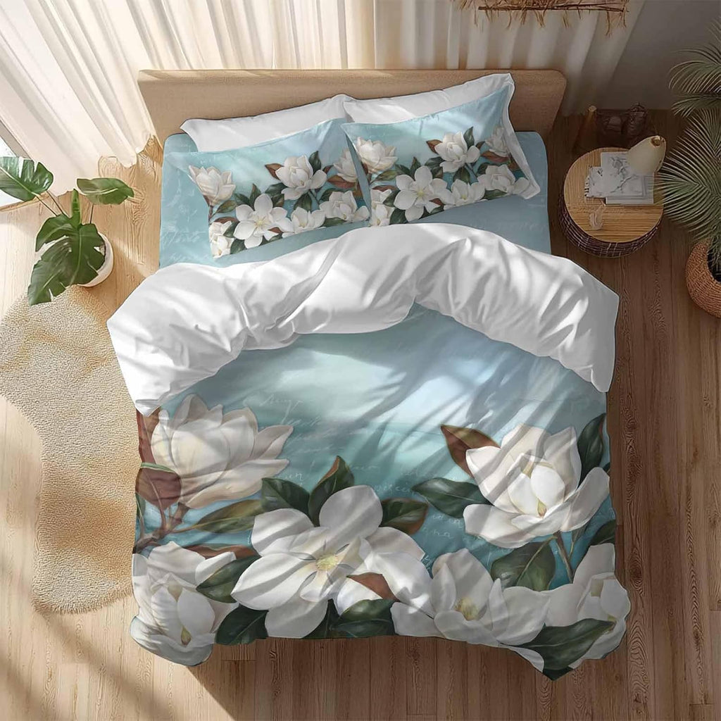 White Floral Duvet Cover Set Queen Size 4 Pieces Spring White Magnolia Vintage Plants Farmhouse Farm Blue Bedding Set with Zipper Closure, 1 Comforter Cover 86x86 Inches 1 Flat Sheet & 2 Pillow Cases