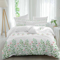 Prime Leader Spring Green Leaf Duvet Cover Set Queen Size 4 Pieces Watercolor Pink Flower Simple Country Bedding Set with Zipper Closure, 1 Comforter Cover 90x92 Inches 1 Flat Sheet & 2 Pillow Cases