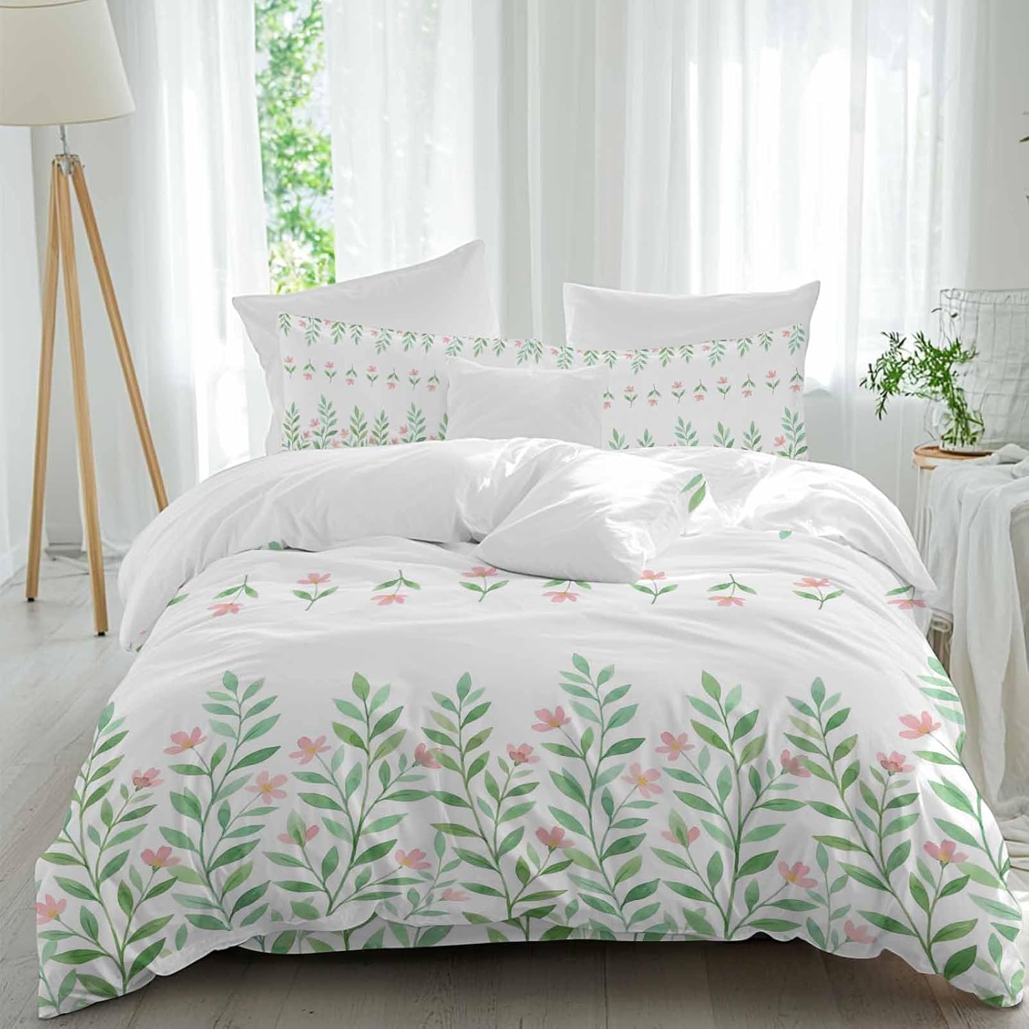 Prime Leader Spring Green Leaf Duvet Cover Set Queen Size 4 Pieces Watercolor Pink Flower Simple Country Bedding Set with Zipper Closure, 1 Comforter Cover 90x92 Inches 1 Flat Sheet & 2 Pillow Cases