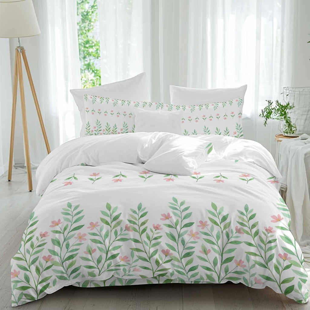 Prime Leader Spring Green Leaf Duvet Cover Set Queen Size 4 Pieces Watercolor Pink Flower Simple Country Bedding Set with Zipper Closure, 1 Comforter Cover 86x86 Inches 1 Flat Sheet & 2 Pillow Cases