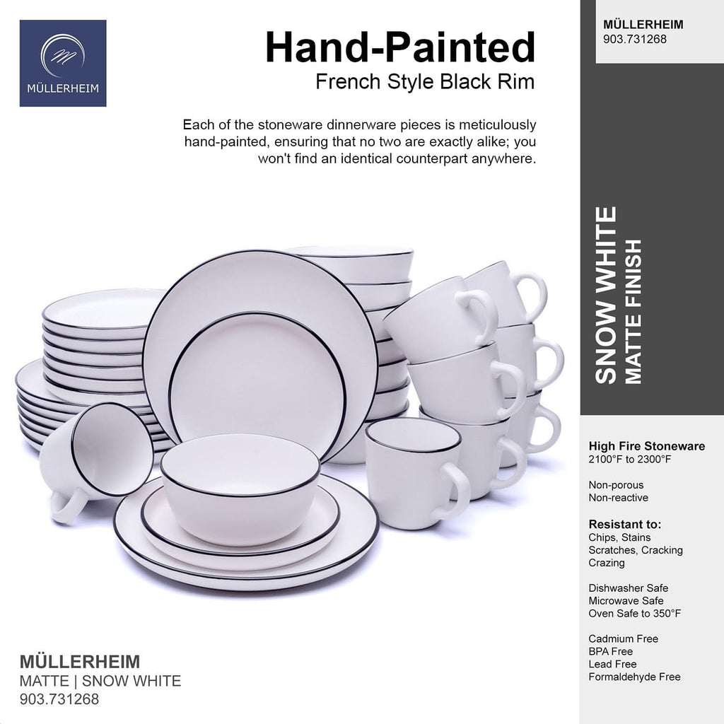 MÜLLERHEIM 903 Minimalist Collection 32-Piece Contemporary Ceramic Stoneware Dinnerware Sets for 8, Matte Frost White Plates and Bowls sets, Dinner Plates Set, Salad Dish Set, Bowls, Cup