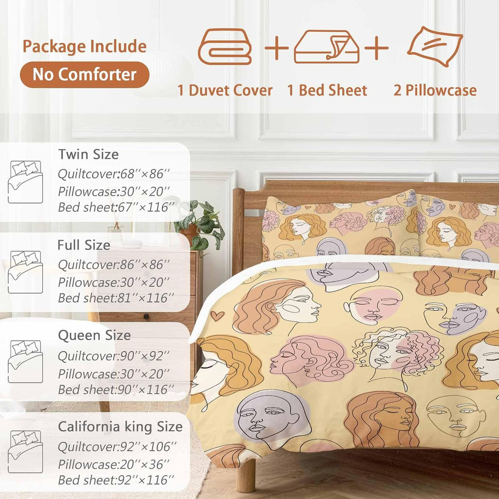 Abstract Face Painting Duvet Cover Set Queen Size 4 Pieces Boho Yellow Portraits Minimalist Line Bedding Set with Zipper Closure, 1 Comforter Cover 90x92 Inches 1 Flat Sheet & 2 Pillow Cases