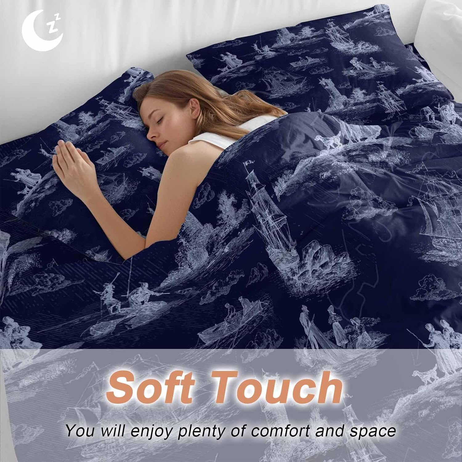 Vintage Farmhouse Ocean Duvet Cover Set Queen Size 4 Pieces Country Nautical Blue Sea Ships Castles Map Bedding Set with Zipper Closure, 1 Comforter Cover 92x106 Inches 1 Flat Sheet & 2 Pillow Cases