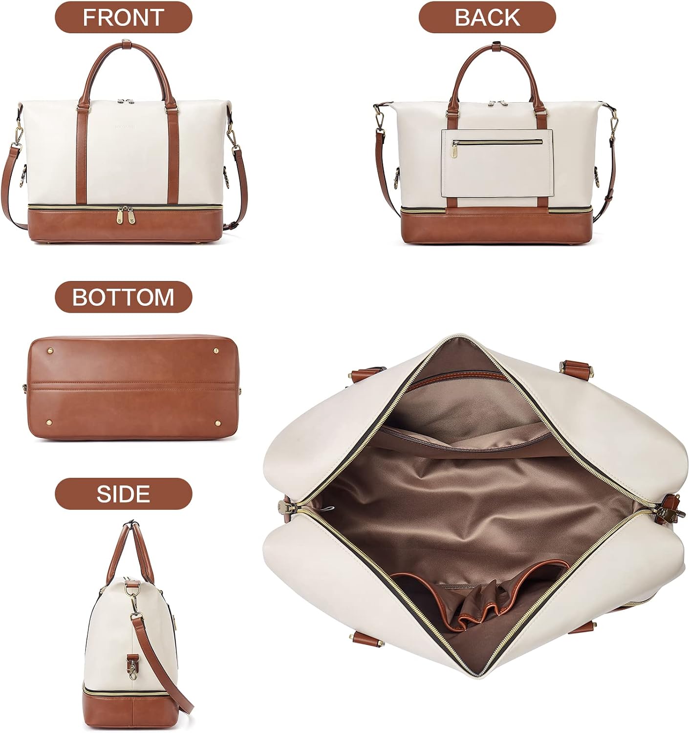 BOSTANTEN Weekender Bags for Women Leather Travel Duffle Bag Carry On Overnight Duffel with Shoe Compartment, Beige&Brown