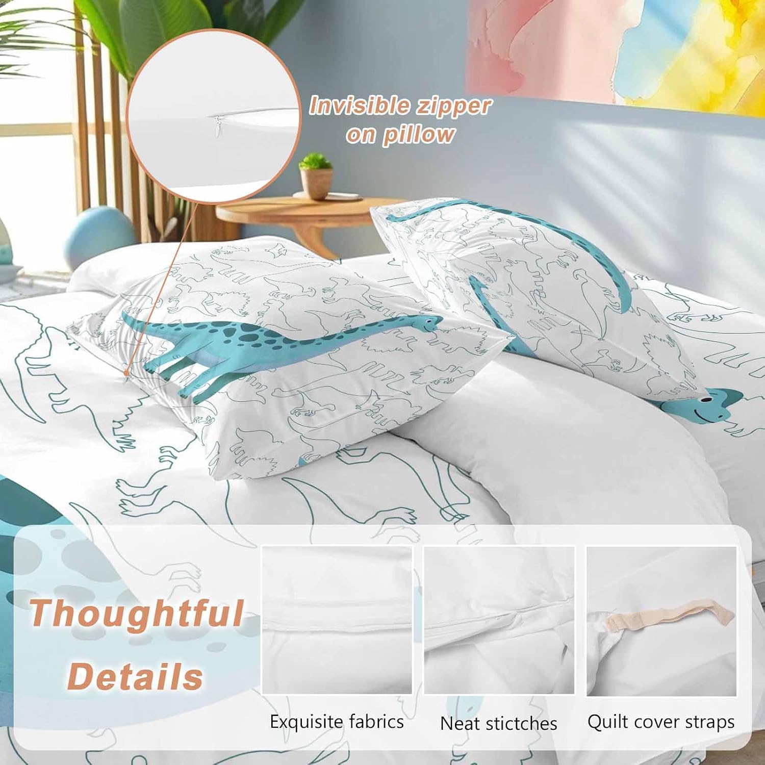 Prime Leader Green Dinosaur Duvet Cover Set Queen Size 4 Pieces Sketching Edges Dinosaur Cartoon Animal Bedding Set with Zipper Closure, 1 Comforter Cover 86x86 Inches 1 Flat Sheet & 2 Pillow Cases