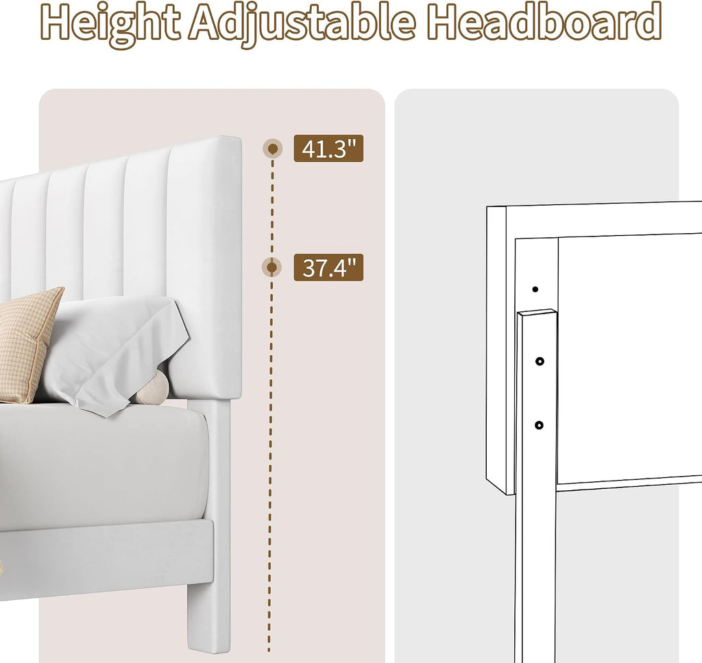 IDEALHOUSE King Size Bed Frame, Velvet Upholstered Platform Bed with Adjustable Vertical Channel Tufted Headboard, No Box Spring Needed, Easy Assembly, White