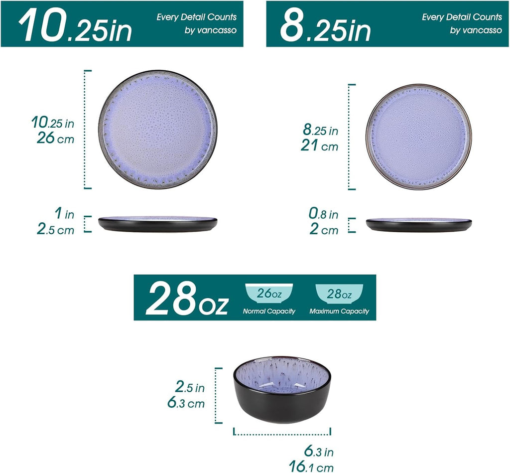 vancasso Plates and Bowls Sets, 24 Pieces Stoneware Dinnerware Sets for 8, Kitchen Dish Set Mircowave and Dishwasher Safe Ceramic Dishware, Purple, Series AMBER