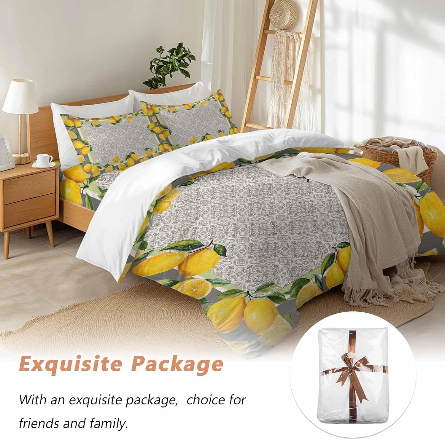 Yellow Lemon Duvet Cover Set Queen Size 4 Pieces Watercolor Fruit Farm Brown Flower Pattern Background Bedding Set with Zipper Closure, 1 Comforter Cover 90x92 Inches 1 Flat Sheet & 2 Pillow Cases
