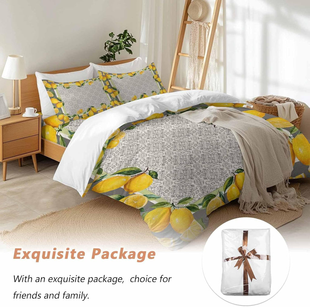Yellow Lemon Duvet Cover Set Queen Size 4 Pieces Watercolor Fruit Farm Brown Flower Pattern Background Bedding Set with Zipper Closure, 1 Comforter Cover 92x106 Inches 1 Flat Sheet & 2 Pillow Cases