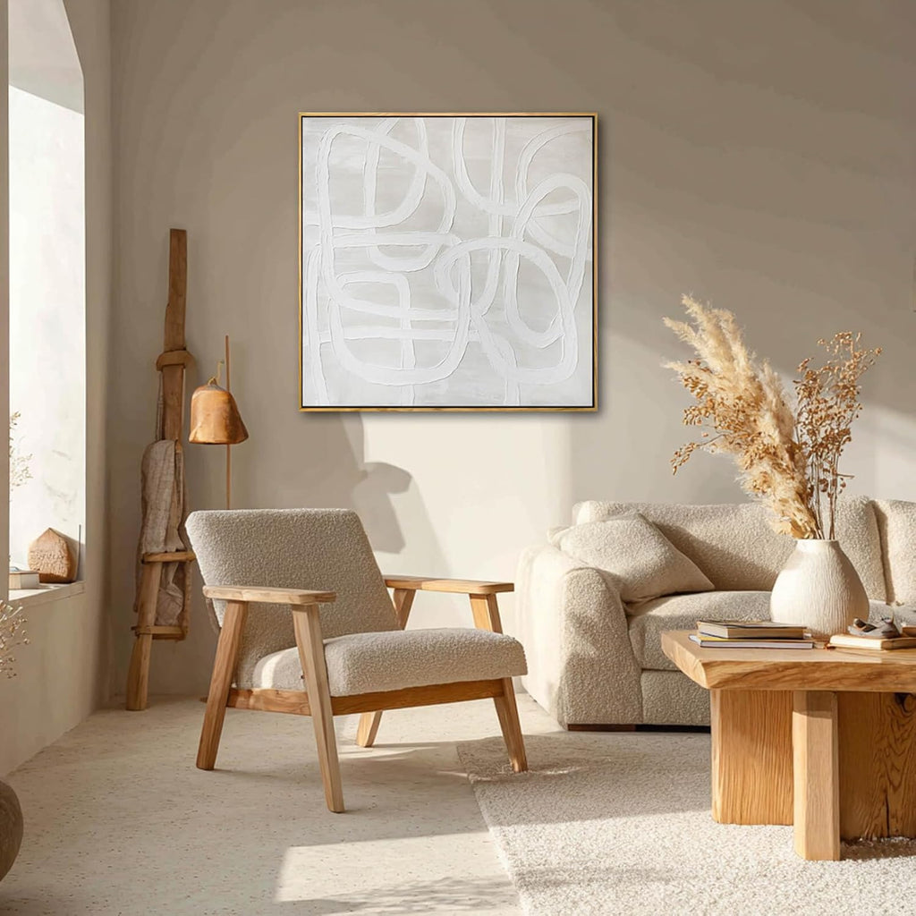 Neutral Abstract Line Wall Art, Framed Canvas Print, Beige Minimalist Modern Decor for Living Room Bedroom Office, Ready to Hang, 40x40 Inch