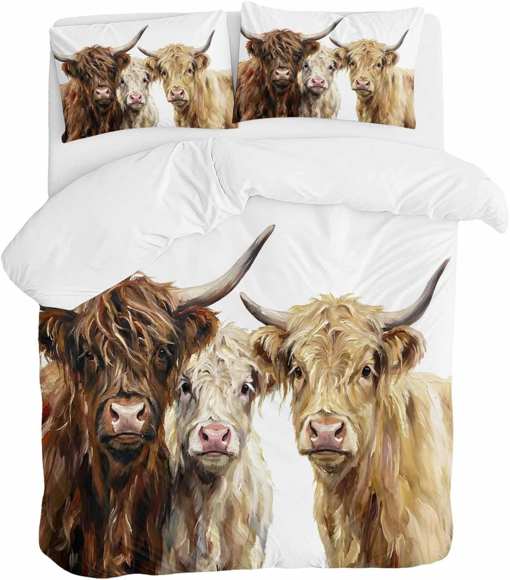 Prime Leader Farm Highland Cattles Duvet Cover Set Queen Size 4 Pieces Farmhouse Brown Cow Rustic Country Bedding Set with Zipper Closure, 1 Comforter Cover 90x92 Inches 1 Flat Sheet & 2 Pillow Cases