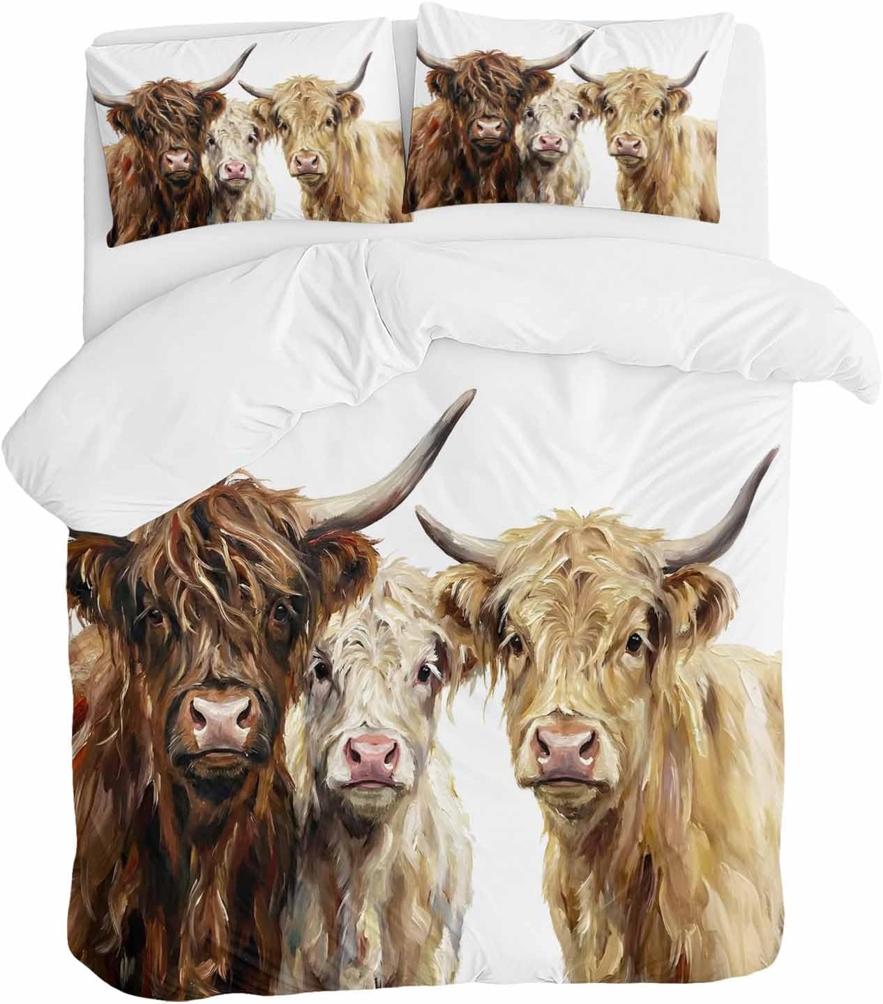 Prime Leader Farm Highland Cattles Duvet Cover Set Queen Size 4 Pieces Farmhouse Brown Cow Rustic Country Bedding Set with Zipper Closure, 1 Comforter Cover 90x92 Inches 1 Flat Sheet & 2 Pillow Cases