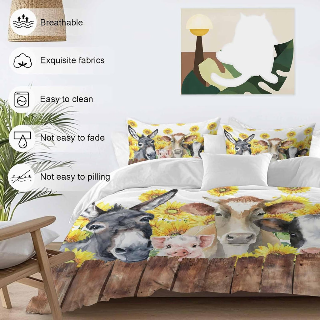 Farm Animal Duvet Cover Set Queen Size 4 Pieces Vintage Farmhouse Donkey Pig Cow Sunflower Leaf Wood Fence Bedding Set with Zipper Closure, 1 Comforter Cover 86x86 Inches 1 Flat Sheet & 2 Pillow Cases