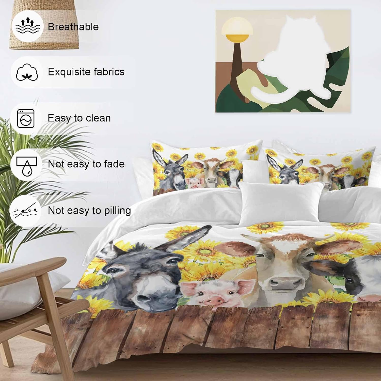 Farm Animal Duvet Cover Set Queen Size 4 Pieces Vintage Farmhouse Donkey Pig Cow Sunflower Leaf Wood Fence Bedding Set with Zipper Closure, 1 Comforter Cover 86x86 Inches 1 Flat Sheet & 2 Pillow Cases