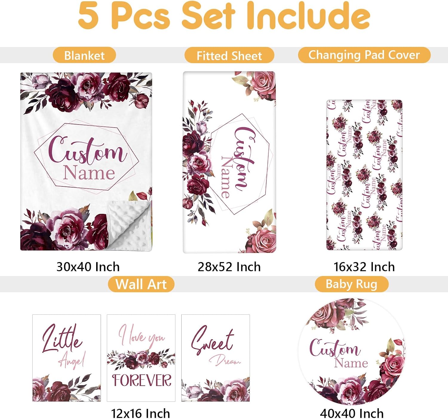 Terwex Personalized Crib Bedding Set, 5 Pcs Custom Nursery Bedding Sets with Name, Infant Bedding Set for Baby Girls, Purple Flower Double Layer Baby Crib Set, Babies Toddlers Kids Customized Gifts