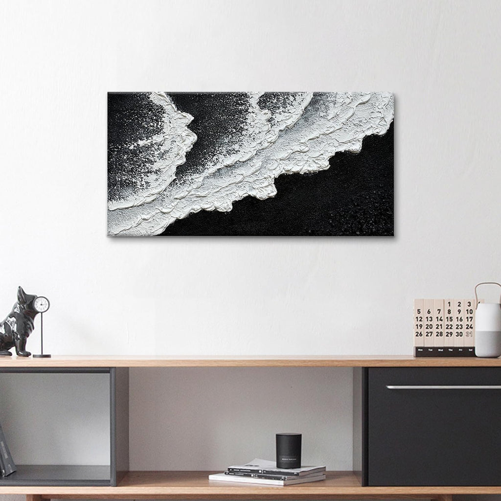Black and White Beach Wave Textured Wall Art 3D Oil Painting Hand Painted Abstract Canvas Framed 48x24 Inch Acrylic Painting