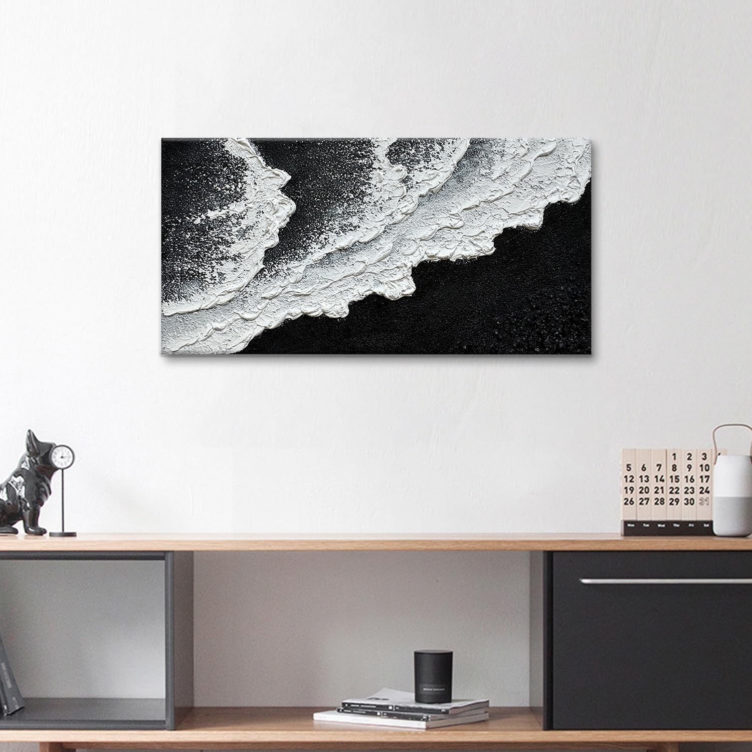 Black and White Beach Wave Textured Wall Art 3D Oil Painting Hand Painted Abstract Canvas Framed 48x24 Inch Acrylic Painting