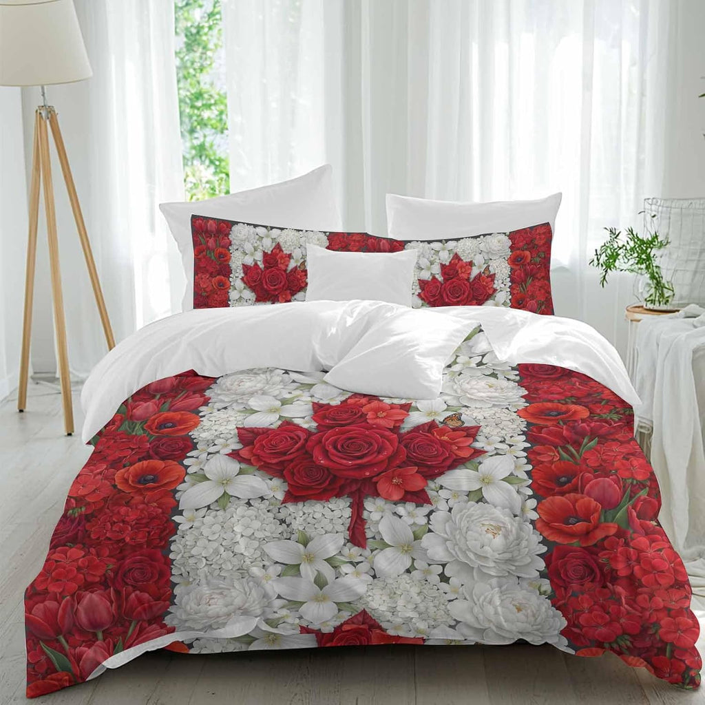 Prime Leader Floral Duvet Cover Set Queen Size 4 Pieces Watercolor White Red Flowers Canada Flag Style Bedding Set with Zipper Closure, 1 Comforter Cover 90x92 Inches 1 Flat Sheet & 2 Pillow Cases